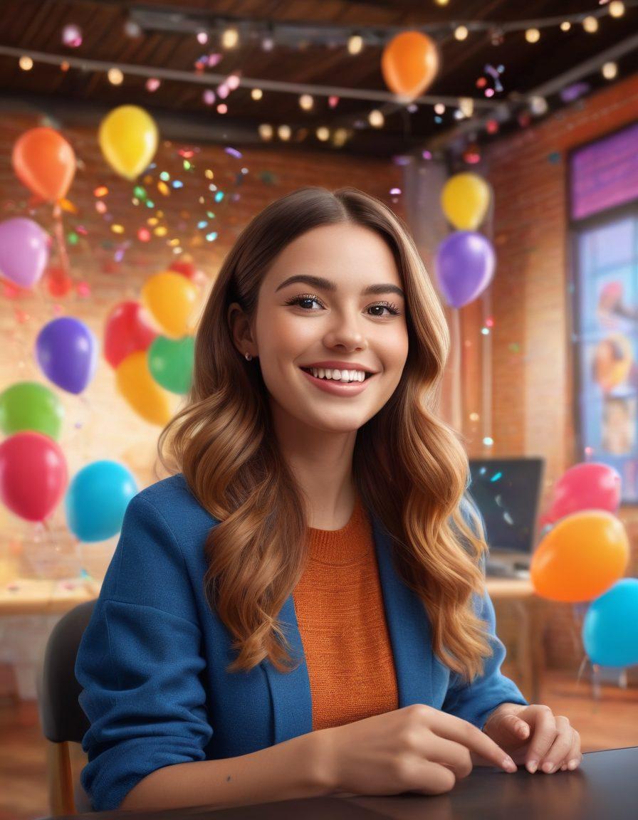 A vibrant, cheerful scene depicting a virtual broadcast studio where Jess, a lively host, is engaging with an enthusiastic online audience. Include colorful elements like balloons and confetti, with bright screens showcasing smiling viewers. Capture the excitement of connection through animated emojis and chat bubbles floating around. The studio should be well-lit with a modern design, emphasizing a warm and welcoming atmosphere. super-realistic. vibrant colors. 3D.