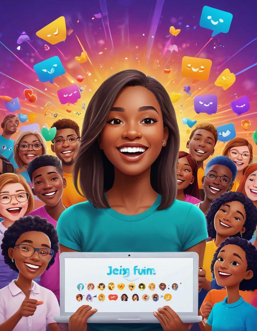 A lively scene capturing an enthusiastic live streaming session with Jess at the center, surrounded by diverse community members engaging through chat messages. The background features colorful graphics and animated emojis fluttering around, creating an atmosphere of excitement and connection. A glowing 'Join the Fun' banner arcs above, symbolizing inclusivity and energy. vibrant colors. 3D. digital illustration.