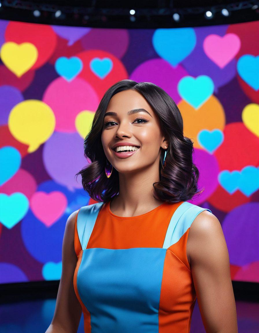 A lively virtual stage featuring a charismatic host named Jess engaging with an enthusiastic audience through interactive screens. Bright colors swirling in the background, symbolizing joy and excitement of live streaming. Show elements like chat bubbles and hearts floating around to depict audience interaction. The setting should be vibrant and inviting, portraying a blend of technology and entertainment. super-realistic. vibrant colors. 3D.